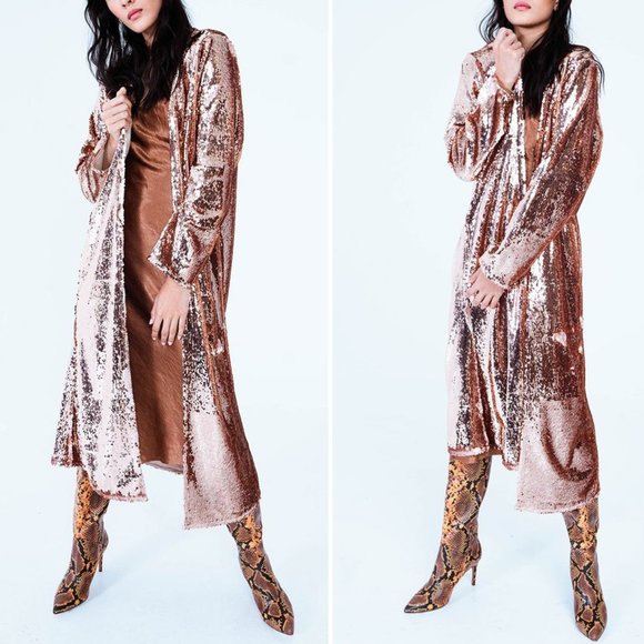 BLANKA THE LABEL Rose Gold Sequin Long Duster Jacket Size XS NWOT - Picture 2 of 11